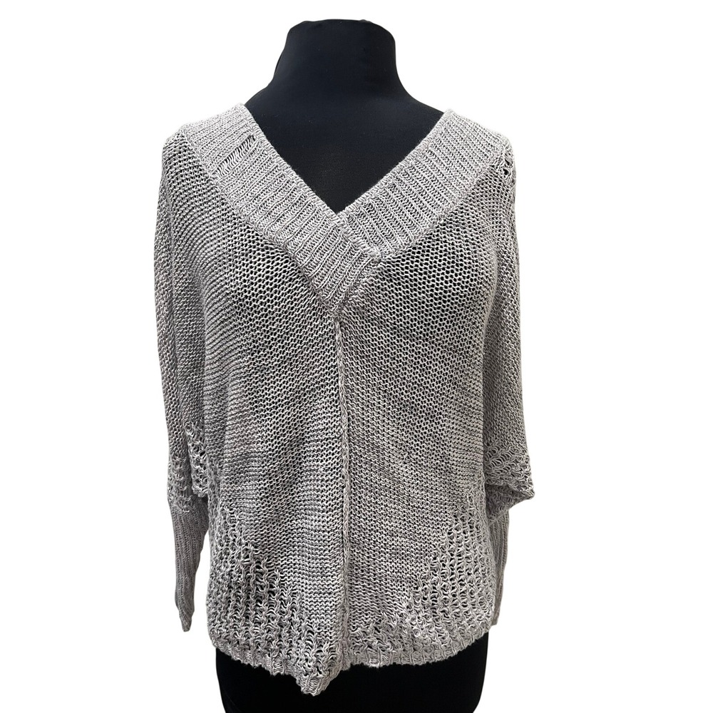 LAMade Grey Open Knit Batwing V-Neck Sweater Mesh Pullover Womens Size S